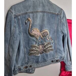BDG Embroidered Denim Jacket- Size Small- Pink Swans